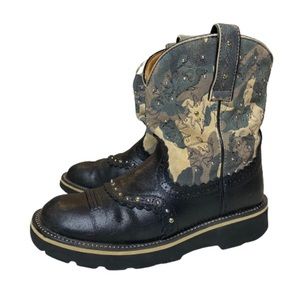 Ariat Fatbaby Womens 8 Cowgirl Studded Black Camo Leather Suede Boots 16402